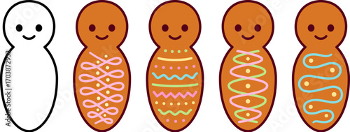 Guagua de pan (bread baby), traditional sweet food in Ecuador. Black and white icon for coloring, different decorations. Cute cartoon vector illustration set.