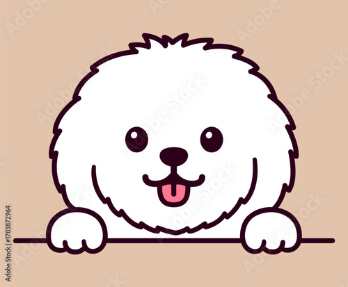 Cute cartoon Maltese, Bichon Frise, small fluffy white dog peeking head and paws. Funny vector clip art illustration.