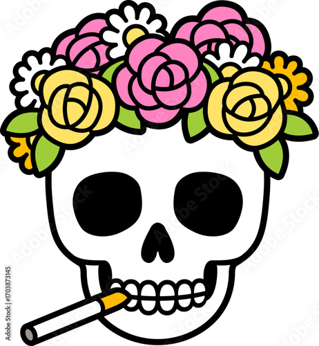 Dia de las Ñatitas (Bolivian Day of the Dead) skull decorated with flowers and cigarette. Isolated vector clipart illustration, cartoon comic style.