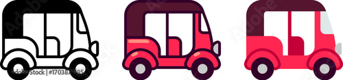Traditional Asian auto rickshaw (tuktuk) symbol set. Black and white line icon, color and flat cartoon drawing. Simple vector clip art illustration.