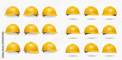 Multiple rows of yellow hard hats, arranged in a grid pattern, with shadows on a transparent background.