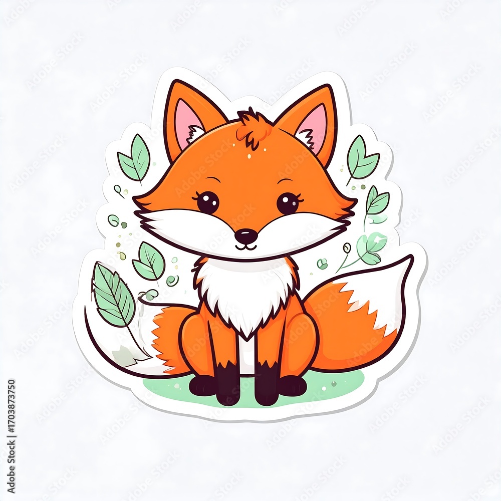 Obraz premium Cute fox sticker, forest background, nature design, kids art