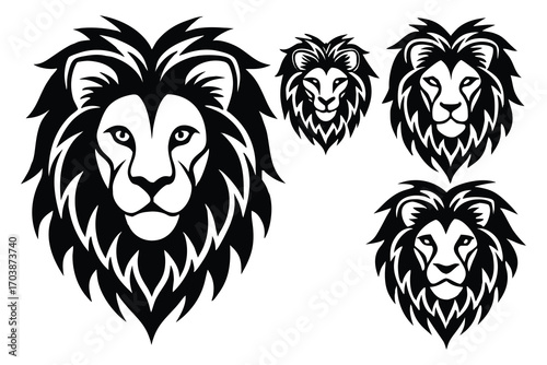 Collection of stylized black and white lion head illustrations with detailed manes and fierce expressions