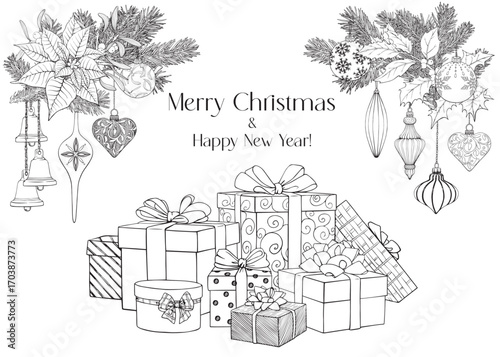Christmas vintage composition gifts boxes,bells, toys, fir branches, poinsettia, holly Hand drawn line art illustration. Vector background for design holiday decor, New Year greeting card. Black white