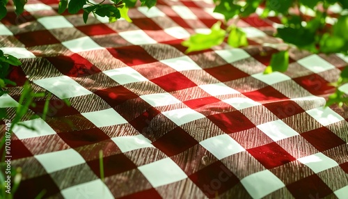 Fototapeta Naklejka Na Ścianę i Meble -  Picnic blanket, checkered red and white, dappled sunlight, shaded by greenery