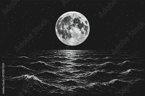 Vector illustration of the Moon and moonlight reflecting on the sea, created in hand-drawn stippling style