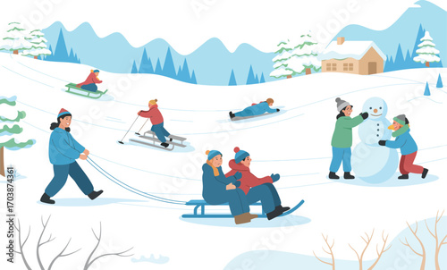 Kids Sledding Vector Illustration – Winter Snowy Fun, Children Riding Sleds Down Slide, Holiday Outdoor Activity, Snow Landscape, Winter Sports, Childhood Play, Seasonal Fun, Flat Color Vector Design