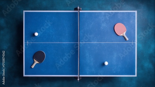 Aerial view of ping pong table paddles and balls on blue surface