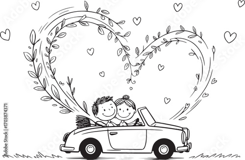 Love's Journey: A charming illustration captures a couple's romantic journey, nestled together in a classic car beneath a heart-shaped floral arch, set against a backdrop of floating hearts.