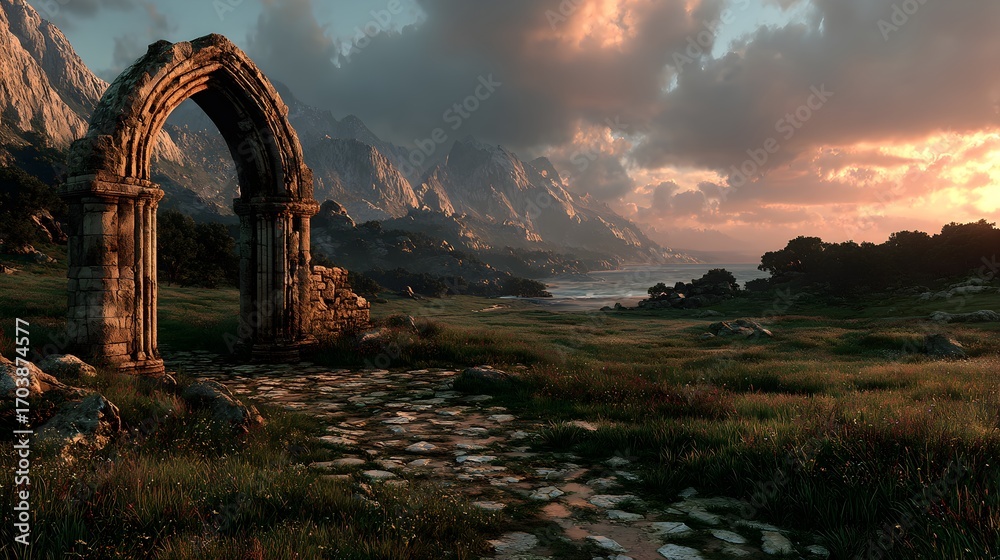 Fototapeta premium Ancient Stone Ruins at Sunset Over Lush Green Landscape with cinematic lighting atmospheric depth with cinematic lighting atmospheric depth with cinematic lighting atmospheric depth