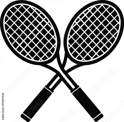 Crossed Tennis Rackets Vector | Black and White Sports Icon | Simple Line Art Illustration