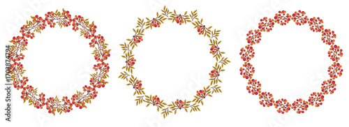Flat vector set of round frames made of red berries and rowan branches with and without leaves. Perfect autumn decoration for seasonal design projects.