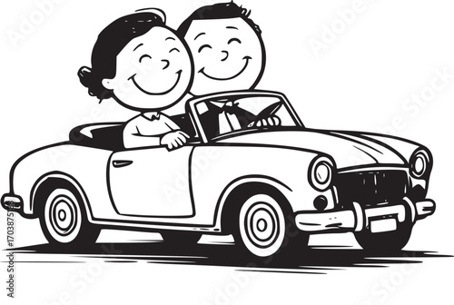 Joyride: Illustration of a smiling couple, filled with happiness, cruising in a classic convertible on their adventurous journey, evoking feelings of freedom and travel.