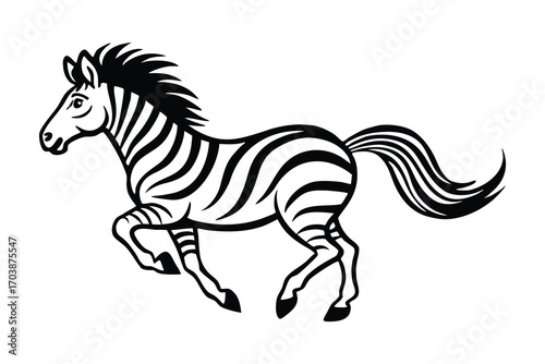 Black and white illustration of a running zebra with flowing mane and tail in a dynamic pose