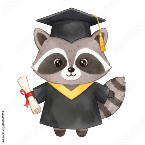Adorable Raccoon Graduation in Watercolor Style with Graduation Cap and Gown Isolated in