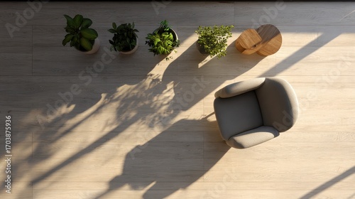 Sunlit Serenity - Minimalist Interior with Plants and Modern Chair.