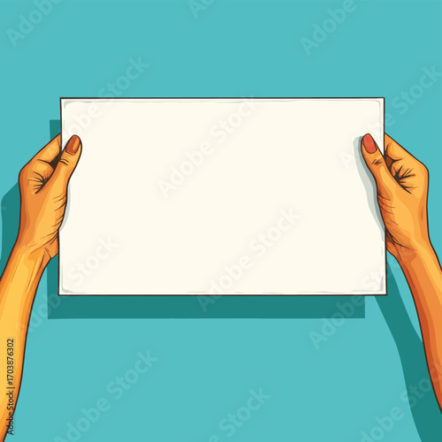 Two female multiracial hands holding empty white paper sheet