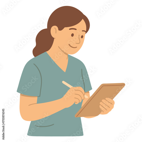 Flat vector illustration of female doctor writing notes on digital tablet. Healthcare, hospital, medical record, nurse and modern medicine concept