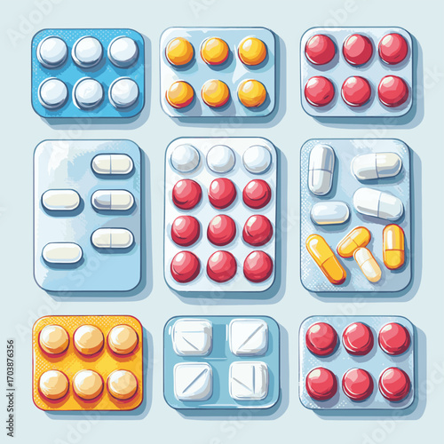 Vector set blister pack of various pills, drugs or vitamins