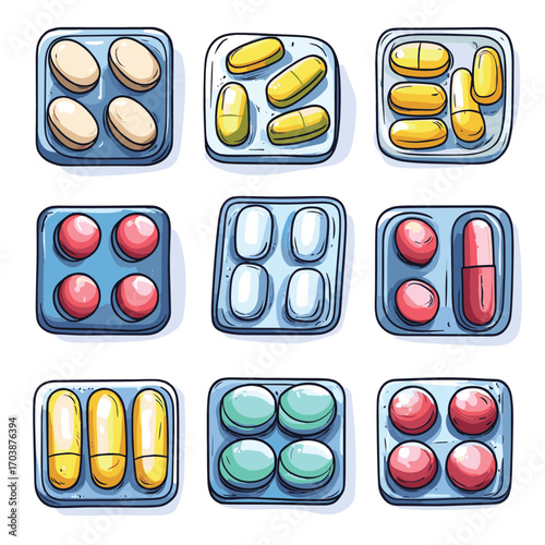 Vector set blister pack of various pills, drugs or vitamins