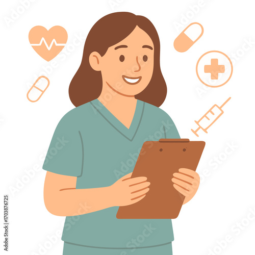 Flat vector illustration of female doctor with clipboard surrounded by medical icons. Healthcare, medicine, treatment, hospital concept