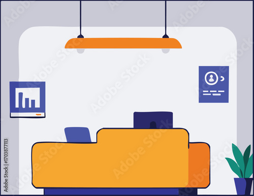 Illustration of a reception area with desk, plants, and computers