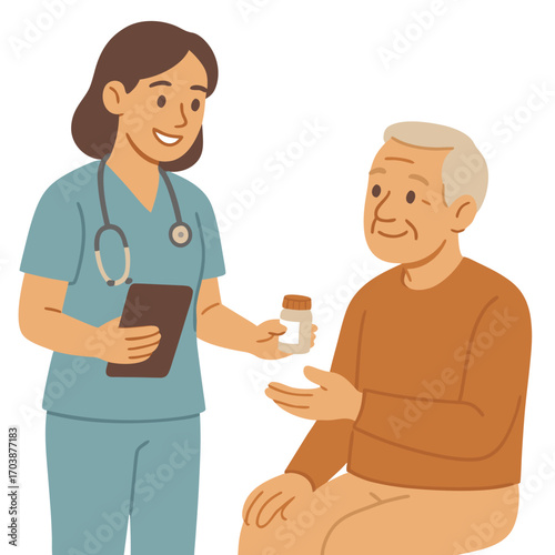 Flat vector illustration of female doctor giving medicine bottle to senior patient. Healthcare, treatment, prescription, elderly care concept
