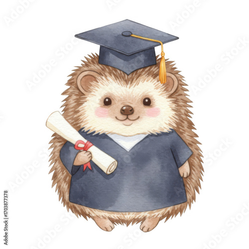 Watercolor Illustration of Hedgehog in Graduation Gown and Cap on Transparent Background