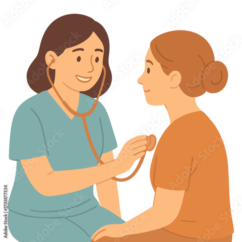 Flat vector illustration of female doctor examining patient with stethoscope. Healthcare, checkup, diagnosis, medical consultation concept