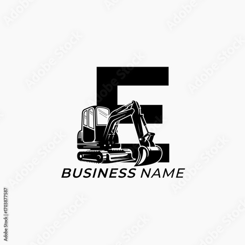 design logo creative letter E and excavator