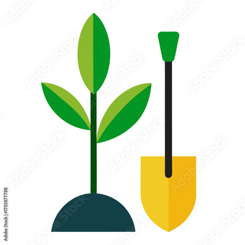 Plant and shovel icon for gardening and growth
