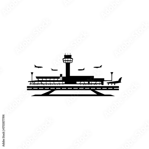 Modern airport control tower and terminal with airplanes taking off and landing on runway