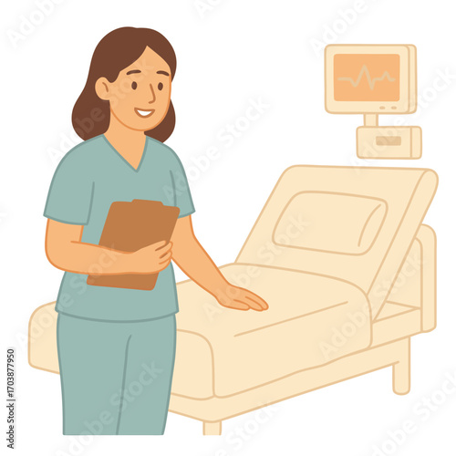 Flat vector illustration of female doctor standing near hospital bed with clipboard. Healthcare, hospital, medical service, treatment concept