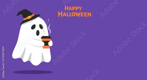 Cartoon ghost holding coffee cup with Halloween greeting on purple background  for seasonal marketing materials and festive event promotions