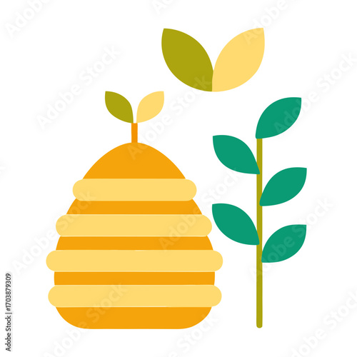 Stylized beehive and plant illustration
