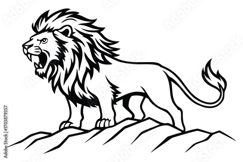 Majestic roaring lion standing proudly on rocky outcrop black and white illustration