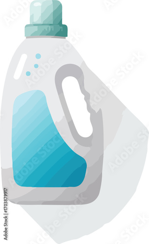 Bottle of liquid laundry detergent with handle on white background