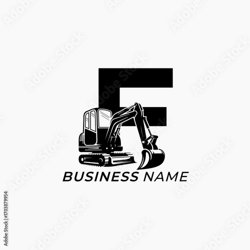 design logo creative letter F and excavator
