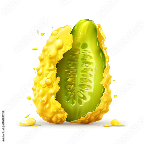 A sliced bitter melon revealing its green interior and seeds against a white background