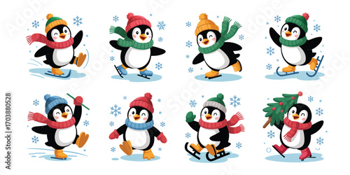 Penguin Winter Sports Vector – Cartoon Characters on Skis, Snowboards, Sleds, Downhill Skiers, Holiday Outdoor Fun, Snowy Landscape, Kids Playing, Xmas Winter Games, Snow Activities Illustration