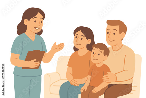 Flat vector illustration of female doctor consulting family with child. Healthcare, pediatrics, family medical care, prevention and insurance concept