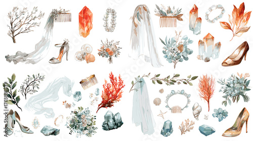 Elegant watercolor wedding clipart set featuring bridal veils, shoes, crystals, leaves, and floral bouquets, perfect for invitations, cards, and decor.