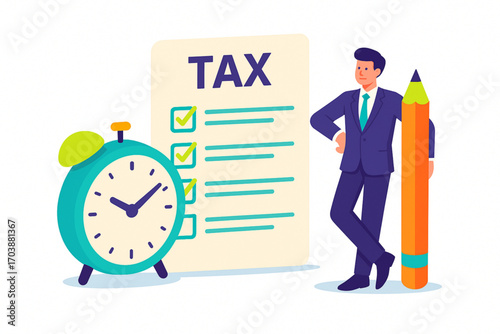 Man with giant pencil and clock near tax checklist, financial planning concept