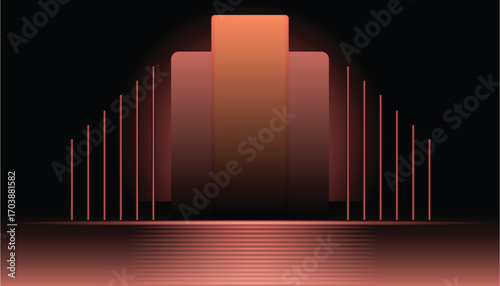 Sleek abstract stage background with dark tones, glowing geometric shapes, warm metallic gradient, reflective floor, and futuristic depth.