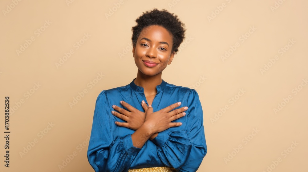 Obraz premium A young woman with a warm smile stands with her arms crossed in front of her chest, wearing a blue blouse. Her natural hair complements her confident demeanor, set against a soft beige backdrop.