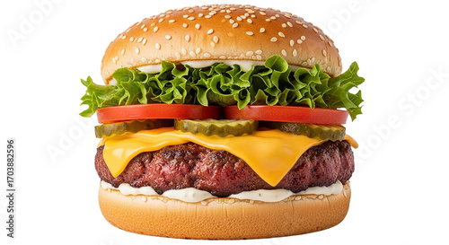Sinking your teeth into a juicy flavorful burger stacked high with fresh toppings a savory on transparent background