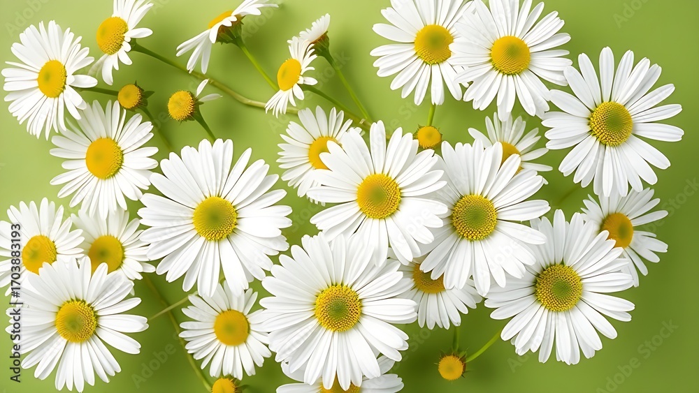 Obraz premium A natural arrangement of white daisies against a green background, exuding freshness.