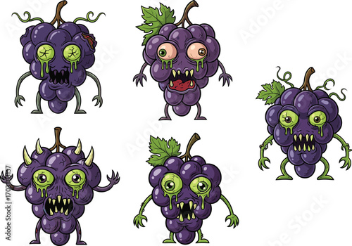 Zombie Grape Monster Vector Characters – Creepy Undead Purple Fruit Creatures with Eyes and Teeth for Halloween, Horror, and Game Design
