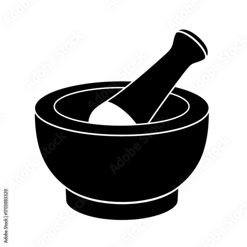Black silhouette of a mortar and pestle on a white background