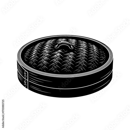 Black and white illustration of a traditional bamboo steamer basket